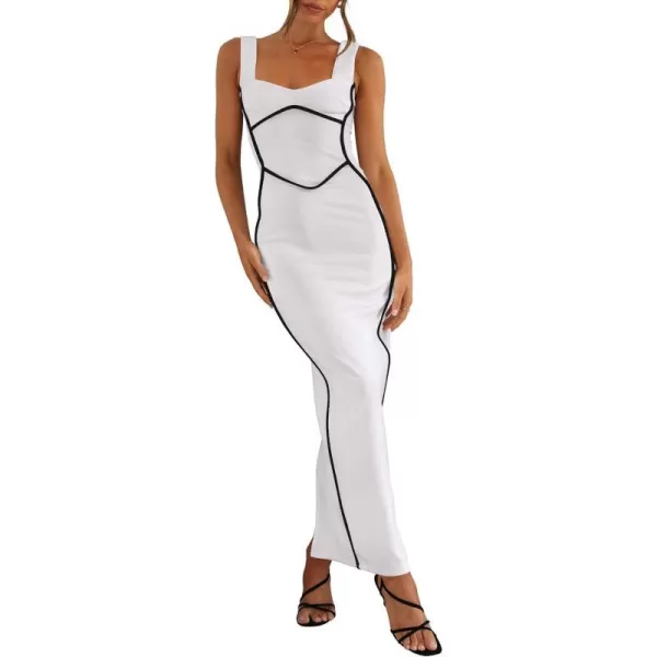 imageBTFBM Women Maxi Bodycon Dresses Square Neck Sleeveless Contrast Binding Split Cocktail Party Club Tank Long Dress 2024Solid White