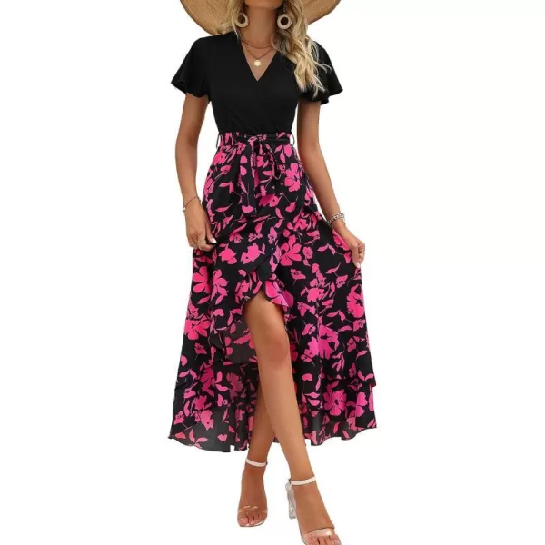 imageBTFBM Women Maxi Summer Dresses 2024 Short Sleeve V Neck Boho Floral Print Belted High Low Ruffle Cocktail Party DressBig Floral Black Rose Red