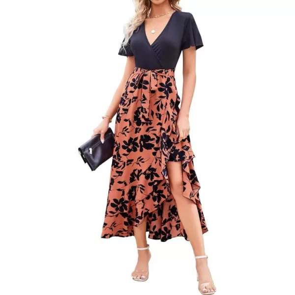 imageBTFBM Women Maxi Summer Dresses 2024 Short Sleeve V Neck Boho Floral Print Belted High Low Ruffle Cocktail Party DressBig Floral Brown
