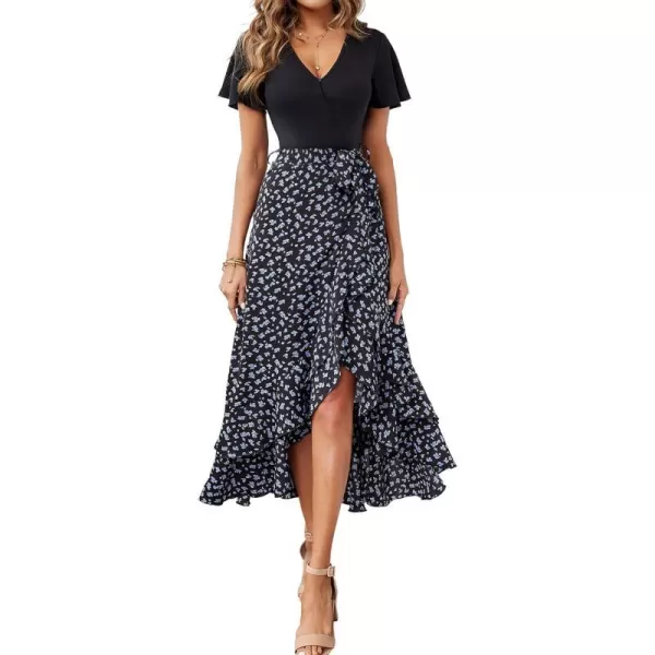 imageBTFBM Women Maxi Summer Dresses 2024 Short Sleeve V Neck Boho Floral Print Belted High Low Ruffle Cocktail Party DressFloral Black Blue