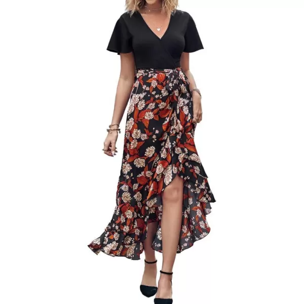 imageBTFBM Women Maxi Summer Dresses 2024 Short Sleeve V Neck Boho Floral Print Belted High Low Ruffle Cocktail Party DressFloral Black Brown