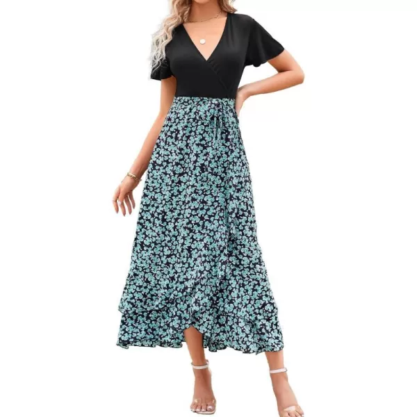 imageBTFBM Women Maxi Summer Dresses 2024 Short Sleeve V Neck Boho Floral Print Belted High Low Ruffle Cocktail Party DressFloral Blue Green
