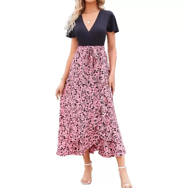 imageBTFBM Women Maxi Summer Dresses 2024 Short Sleeve V Neck Boho Floral Print Belted High Low Ruffle Cocktail Party DressFloral Pink Black