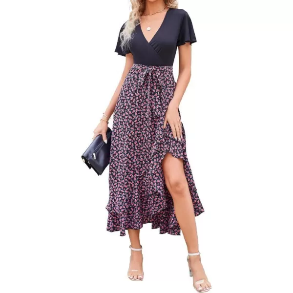 imageBTFBM Women Maxi Summer Dresses 2024 Short Sleeve V Neck Boho Floral Print Belted High Low Ruffle Cocktail Party DressFloral Rose Red
