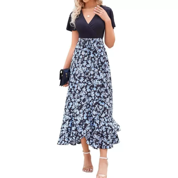 imageBTFBM Women Maxi Summer Dresses 2024 Short Sleeve V Neck Boho Floral Print Belted High Low Ruffle Cocktail Party DressFloral White Blue