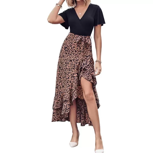 imageBTFBM Women Maxi Summer Dresses 2024 Short Sleeve V Neck Boho Floral Print Belted High Low Ruffle Cocktail Party DressLeopard Black Brown