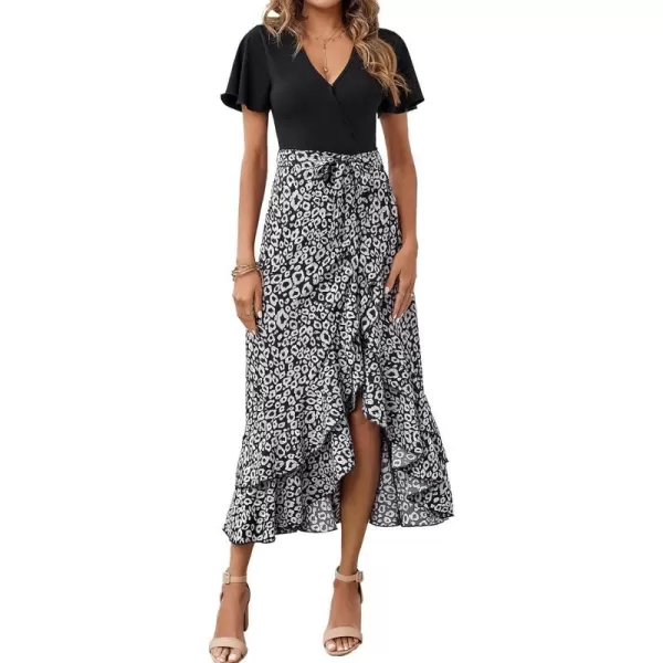 imageBTFBM Women Maxi Summer Dresses 2024 Short Sleeve V Neck Boho Floral Print Belted High Low Ruffle Cocktail Party DressLeopard Black Grey