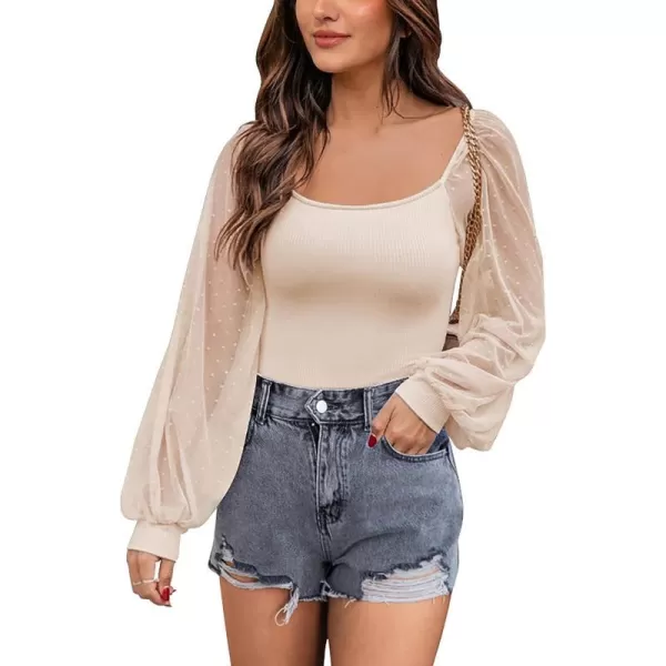 imageBTFBM Women Mesh Puff Long Sleeve Shirts Tops Scoop Neck Swiss Dot Slim Casual Ribbed Knit Summer Fall Blouses Tops 2023Solid Apricot