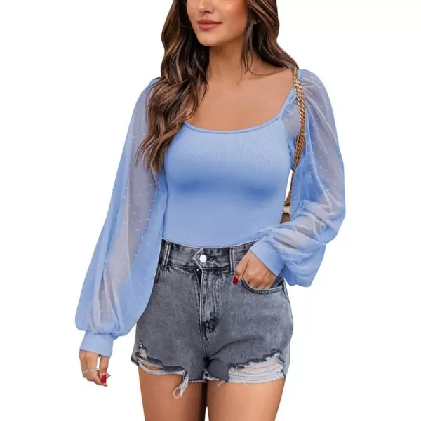 imageBTFBM Women Mesh Puff Long Sleeve Shirts Tops Scoop Neck Swiss Dot Slim Casual Ribbed Knit Summer Fall Blouses Tops 2023Solid Blue