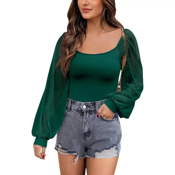 imageBTFBM Women Mesh Puff Long Sleeve Shirts Tops Scoop Neck Swiss Dot Slim Casual Ribbed Knit Summer Fall Blouses Tops 2023Solid Green