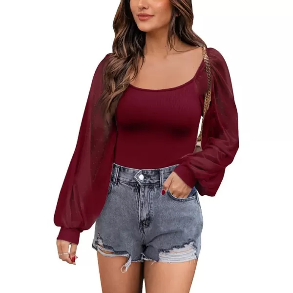 imageBTFBM Women Mesh Puff Long Sleeve Shirts Tops Scoop Neck Swiss Dot Slim Casual Ribbed Knit Summer Fall Blouses Tops 2023Solid Wine Red