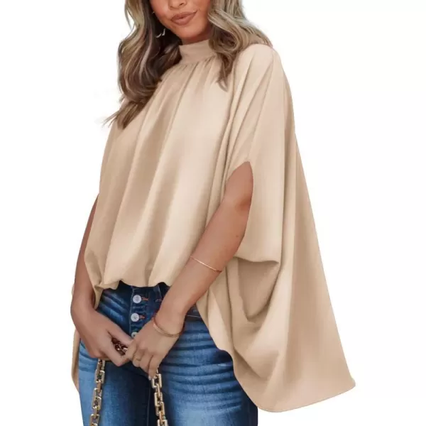 imageBTFBM Women Mock Neck Batwing Short Sleeve Summer Tops 2023 Spring Loose High Low Hem Casual Oversize Blouses Shirts TopSolid Beige