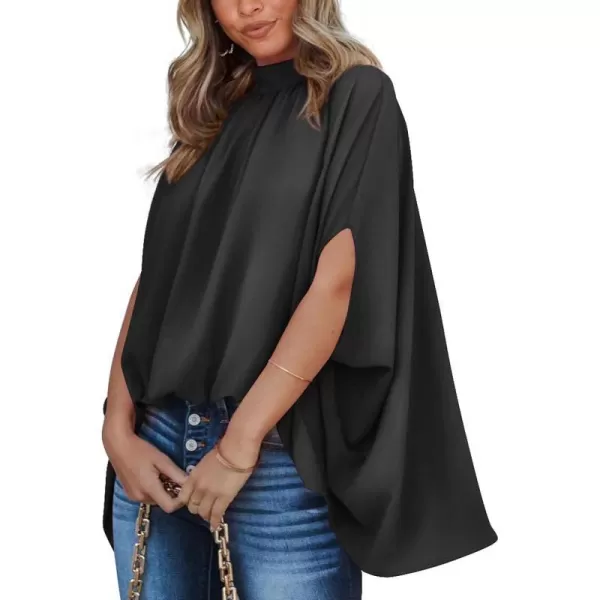 imageBTFBM Women Mock Neck Batwing Short Sleeve Summer Tops 2023 Spring Loose High Low Hem Casual Oversize Blouses Shirts TopSolid Black