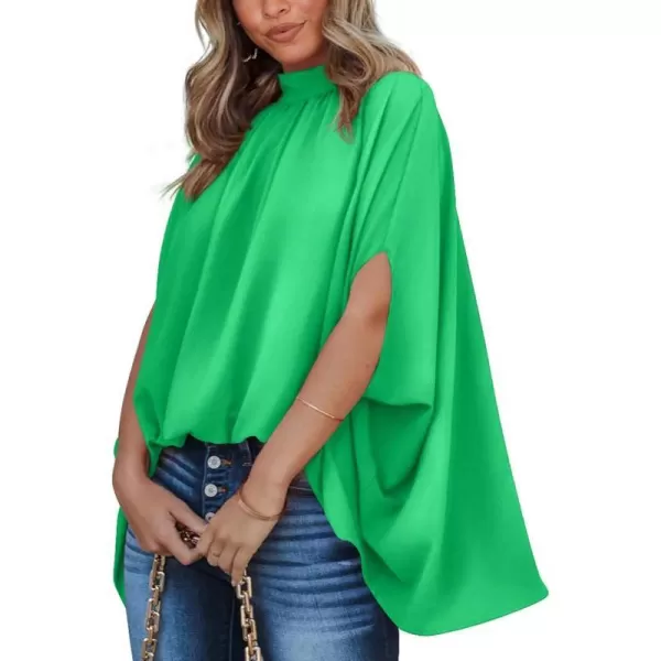 imageBTFBM Women Mock Neck Batwing Short Sleeve Summer Tops 2023 Spring Loose High Low Hem Casual Oversize Blouses Shirts TopSolid Grass Green