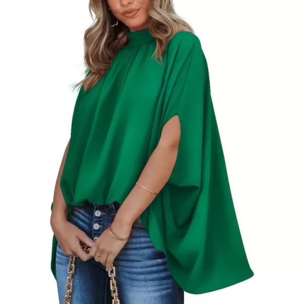 imageBTFBM Women Mock Neck Batwing Short Sleeve Summer Tops 2023 Spring Loose High Low Hem Casual Oversize Blouses Shirts TopSolid Green