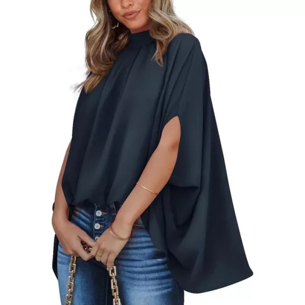 imageBTFBM Women Mock Neck Batwing Short Sleeve Summer Tops 2023 Spring Loose High Low Hem Casual Oversize Blouses Shirts TopSolid Navy