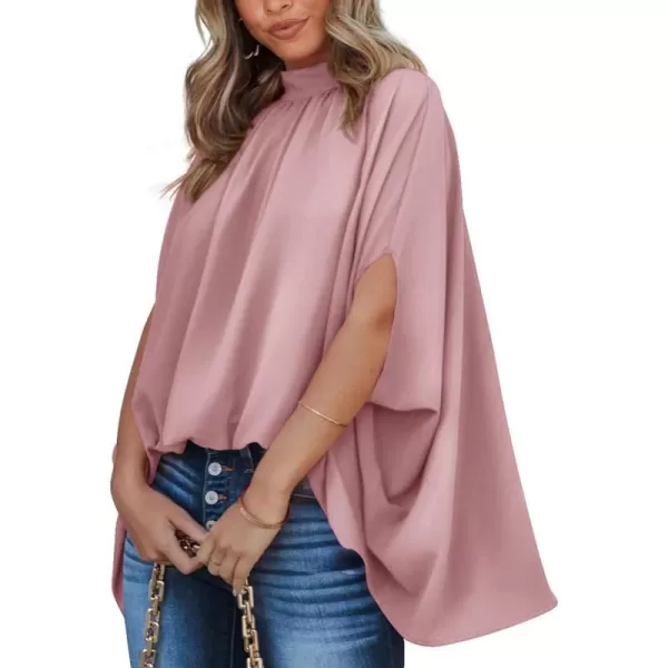 imageBTFBM Women Mock Neck Batwing Short Sleeve Summer Tops 2023 Spring Loose High Low Hem Casual Oversize Blouses Shirts TopSolid Pink