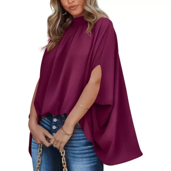 imageBTFBM Women Mock Neck Batwing Short Sleeve Summer Tops 2023 Spring Loose High Low Hem Casual Oversize Blouses Shirts TopSolid Purple Red