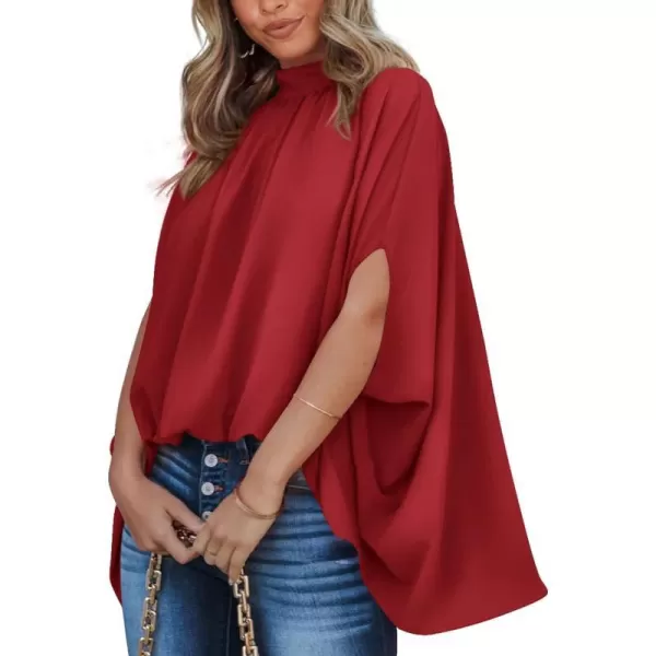 imageBTFBM Women Mock Neck Batwing Short Sleeve Summer Tops 2023 Spring Loose High Low Hem Casual Oversize Blouses Shirts TopSolid Red