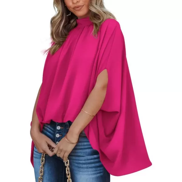 imageBTFBM Women Mock Neck Batwing Short Sleeve Summer Tops 2023 Spring Loose High Low Hem Casual Oversize Blouses Shirts TopSolid Rose Red