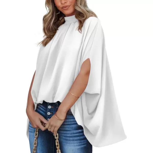 imageBTFBM Women Mock Neck Batwing Short Sleeve Summer Tops 2023 Spring Loose High Low Hem Casual Oversize Blouses Shirts TopSolid White