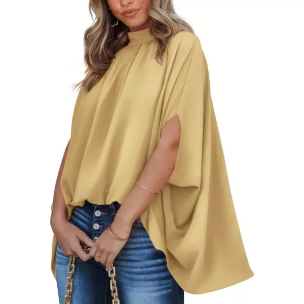 imageBTFBM Women Mock Neck Batwing Short Sleeve Summer Tops 2023 Spring Loose High Low Hem Casual Oversize Blouses Shirts TopSolid Yellow