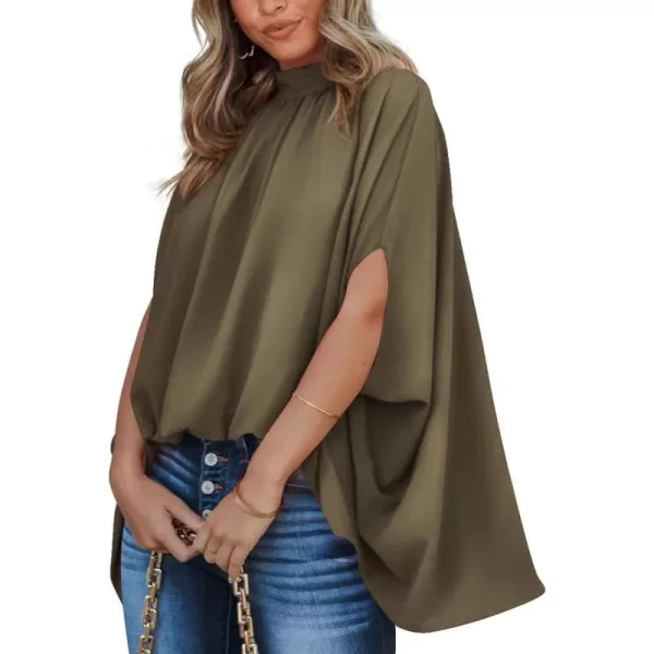 imageBTFBM Women Mock Neck Batwing Short Sleeve Summer Tops 2024 Spring Loose High Low Hem Casual Oversize Blouses Shirts TopSolid Army Green