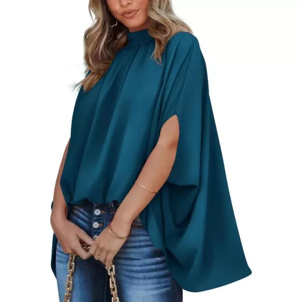 imageBTFBM Women Mock Neck Batwing Short Sleeve Summer Tops 2024 Spring Loose High Low Hem Casual Oversize Blouses Shirts TopSolid Dark Blue