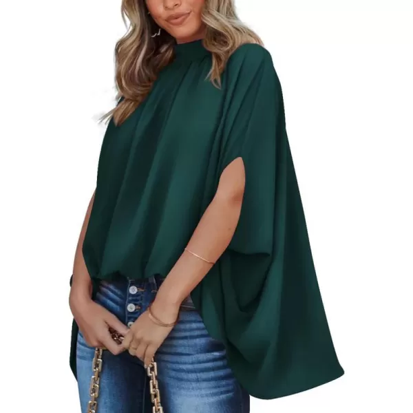 imageBTFBM Women Mock Neck Batwing Short Sleeve Summer Tops 2024 Spring Loose High Low Hem Casual Oversize Blouses Shirts TopSolid Dark Green