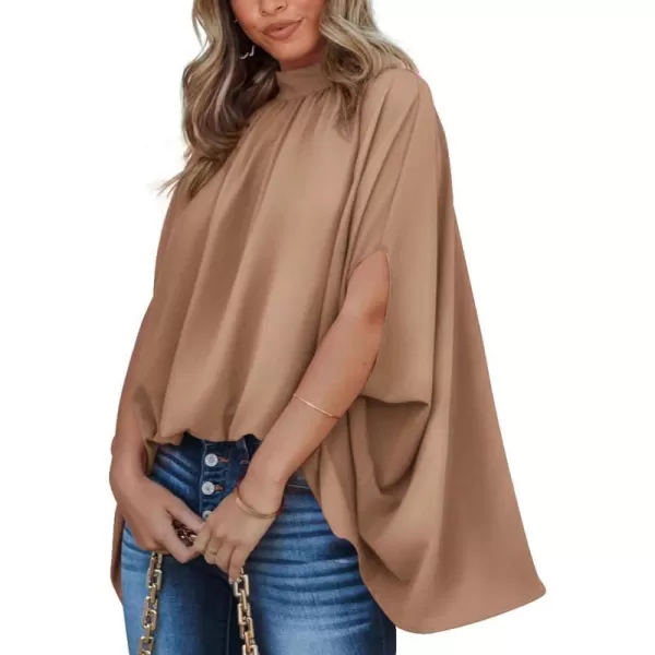 imageBTFBM Women Mock Neck Batwing Short Sleeve Summer Tops 2024 Spring Loose High Low Hem Casual Oversize Blouses Shirts TopSolid Khaki