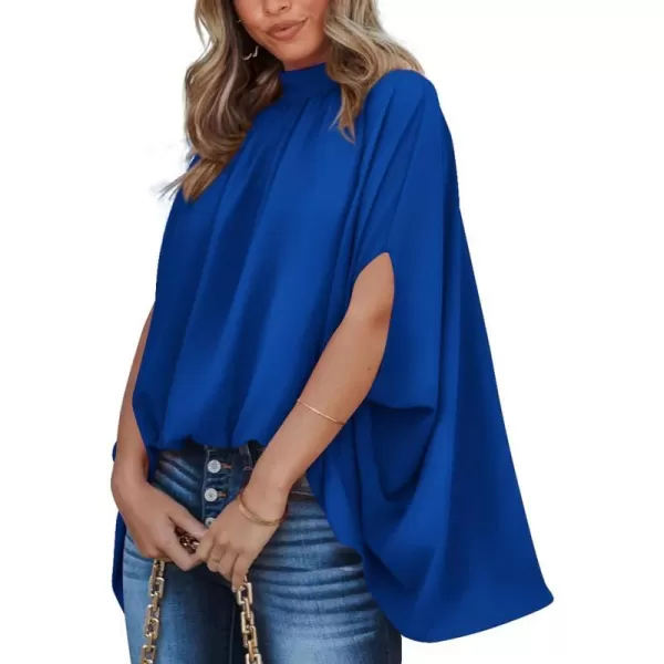imageBTFBM Women Mock Neck Batwing Short Sleeve Summer Tops 2024 Spring Loose High Low Hem Casual Oversize Blouses Shirts TopSolid Royal Blue