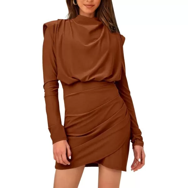imageBTFBM Women Mock Neck Long Sleeve Wrap Bodycon Dresses Summer Fall Ruched Elastic Waist Cocktail Party Club Mini DressSolid Brown