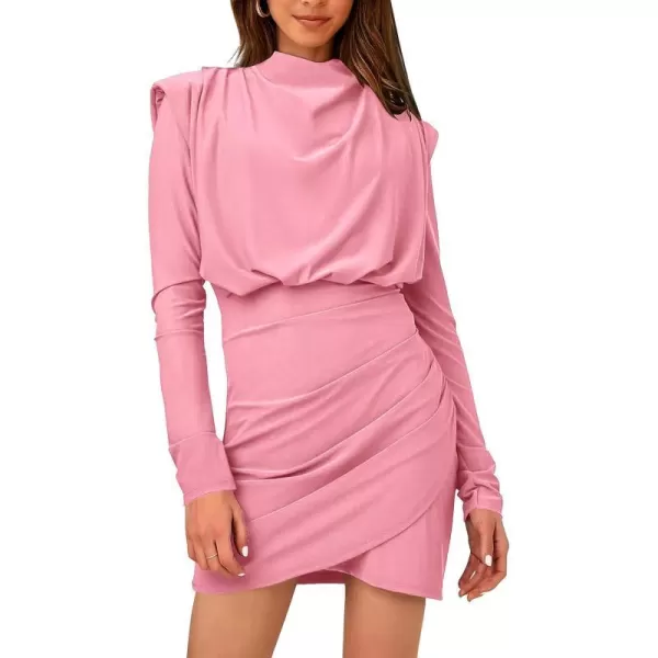 imageBTFBM Women Mock Neck Long Sleeve Wrap Bodycon Dresses Summer Fall Ruched Elastic Waist Cocktail Party Club Mini DressSolid Pink