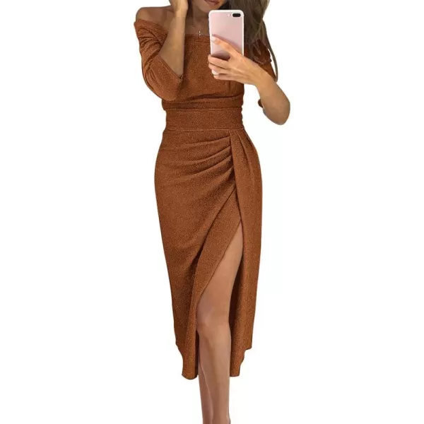 imageBTFBM Women Off Shoulder Bodycon Dresses Long Sleeve Ruched Slit Glitter Ball Gown Cocktail Party Evening Maxi DressShiny Brown