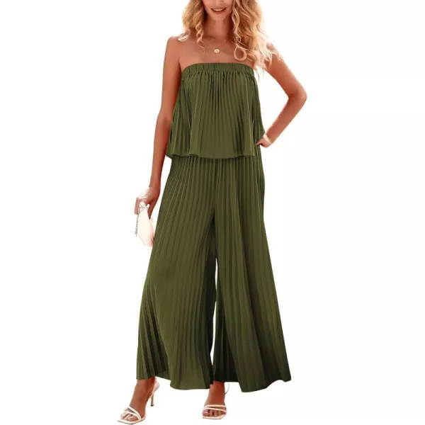 imageBTFBM Women Off Shoulder Summer Rompers 2023 Strapless Pleated Wide Leg Palazzo Pants Jumpsuit One Piece Fashion OutfitsSolid Army Green