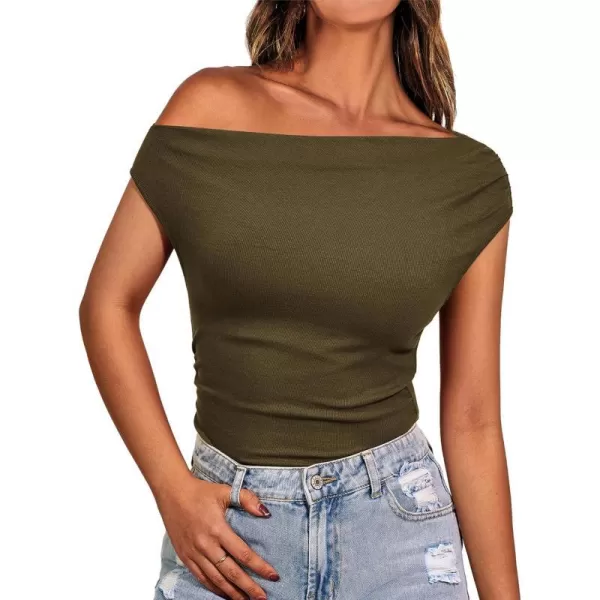 imageBTFBM Women Off The Shoulder Tops Casual Summer Boat Neck Sleeveless Ruched Ribbed Shirt Slim Fitted Y2K Going Out TopSolid Army Green