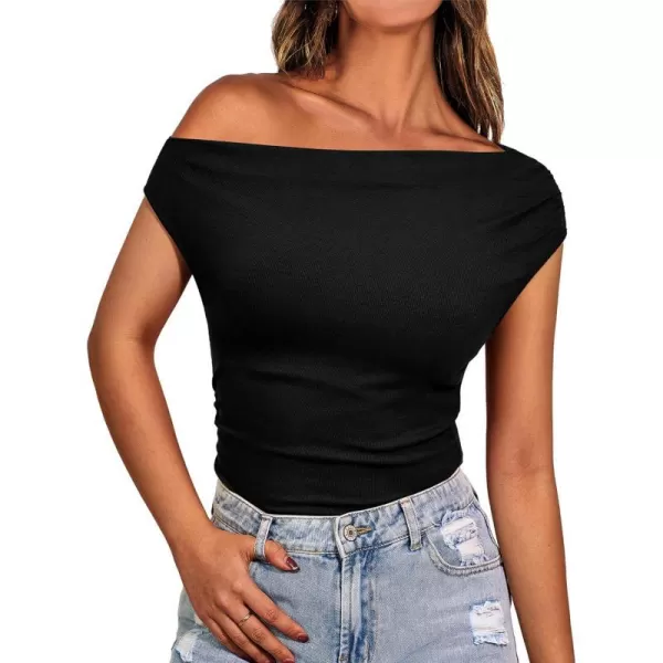 imageBTFBM Women Off The Shoulder Tops Casual Summer Boat Neck Sleeveless Ruched Ribbed Shirt Slim Fitted Y2K Going Out TopSolid Black