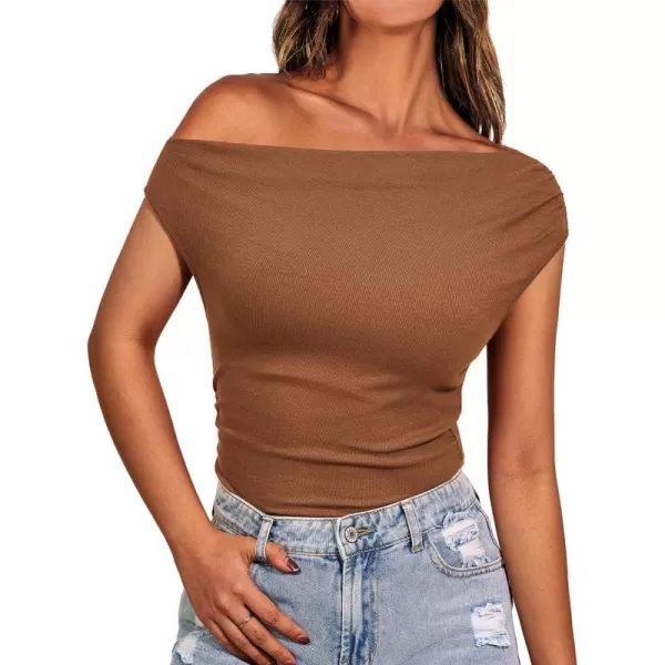 imageBTFBM Women Off The Shoulder Tops Casual Summer Boat Neck Sleeveless Ruched Ribbed Shirt Slim Fitted Y2K Going Out TopSolid Brown