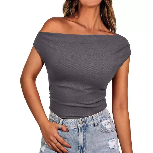imageBTFBM Women Off The Shoulder Tops Casual Summer Boat Neck Sleeveless Ruched Ribbed Shirt Slim Fitted Y2K Going Out TopSolid Dark Grey