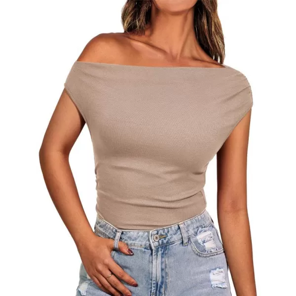 imageBTFBM Women Off The Shoulder Tops Casual Summer Boat Neck Sleeveless Ruched Ribbed Shirt Slim Fitted Y2K Going Out TopSolid Khaki