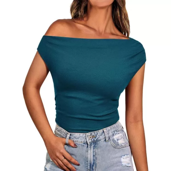 imageBTFBM Women Off The Shoulder Tops Casual Summer Boat Neck Sleeveless Ruched Ribbed Shirt Slim Fitted Y2K Going Out TopSolid Lake Blue
