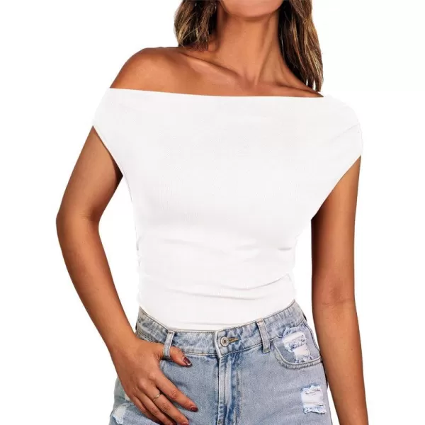 imageBTFBM Women Off The Shoulder Tops Casual Summer Boat Neck Sleeveless Ruched Ribbed Shirt Slim Fitted Y2K Going Out TopSolid White