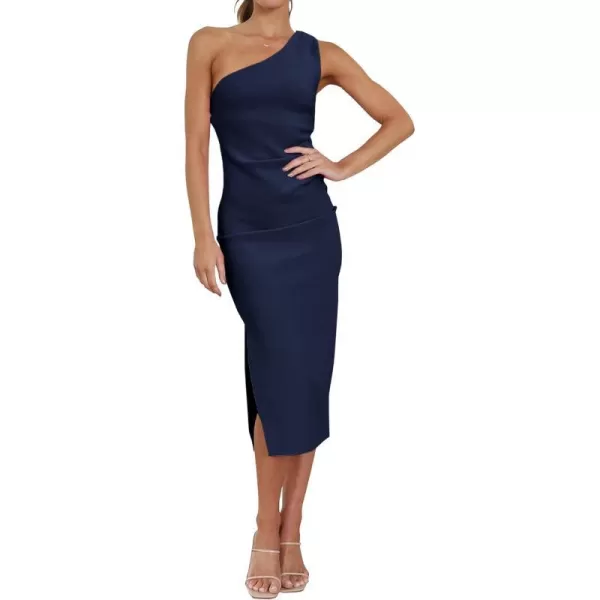 imageBTFBM Women One Shoulder Bodycon Dress 2023 Spring Summer Sleeveless Slit Midi Party Cocktail Wedding Guest Prom DressesSolid Navy