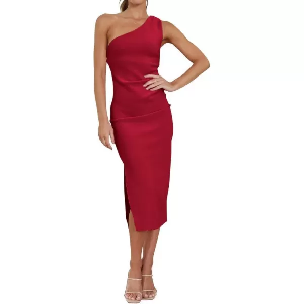 imageBTFBM Women One Shoulder Bodycon Dress 2023 Spring Summer Sleeveless Slit Midi Party Cocktail Wedding Guest Prom DressesSolid Red