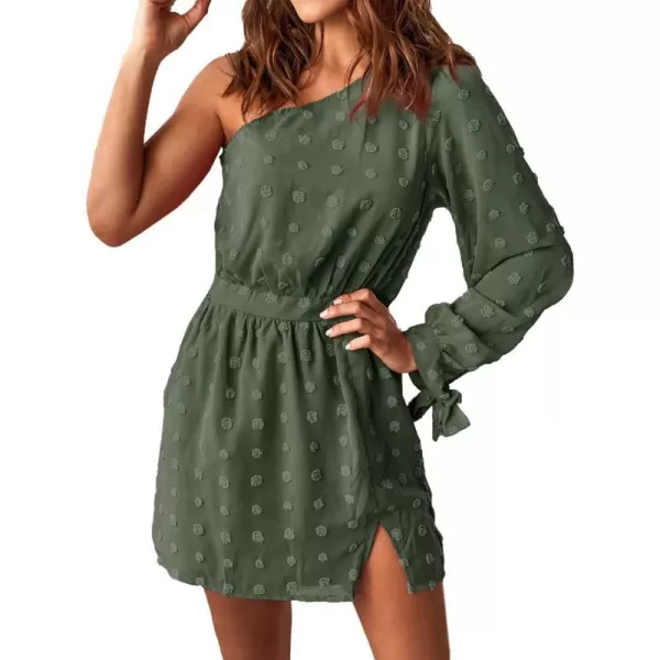 imageBTFBM Women One Shoulder Long Sleeve Casual Summer Dresses 2023 Spring Swiss Dot Split Flowy Short Mini ALine DressDot Army Green