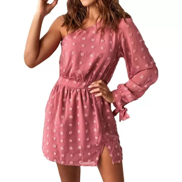 imageBTFBM Women One Shoulder Long Sleeve Casual Summer Dresses 2023 Spring Swiss Dot Split Flowy Short Mini ALine DressDot Dark Pink