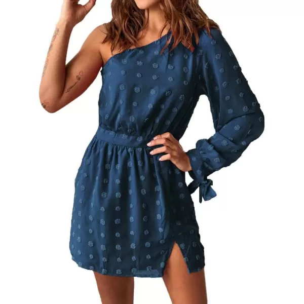imageBTFBM Women One Shoulder Long Sleeve Casual Summer Dresses 2023 Spring Swiss Dot Split Flowy Short Mini ALine DressDot Lake Blue