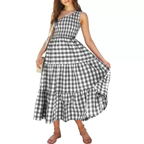 imageBTFBM Women One Shoulder Sleeveless Casual Summer Dresses 2023 Smocked High Waist Floral Flowy Beach Boho Maxi DressPlaid Black