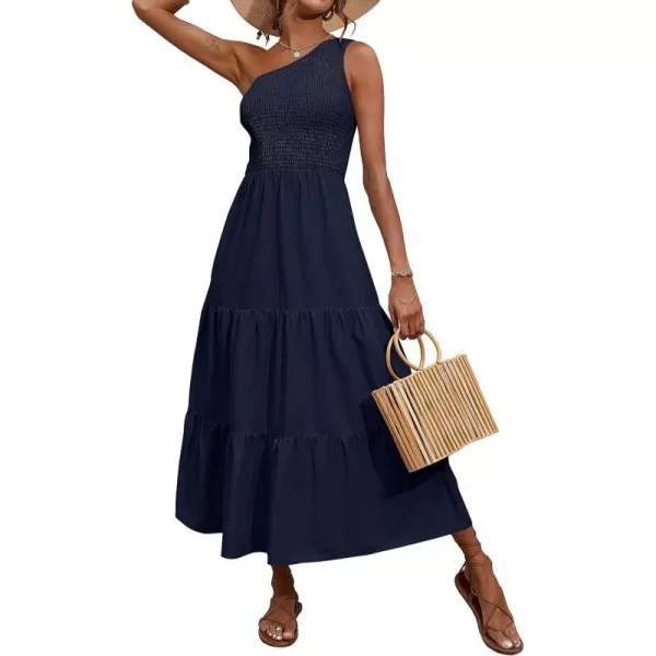 imageBTFBM Women One Shoulder Sleeveless Casual Summer Dresses 2023 Smocked High Waist Floral Flowy Beach Boho Maxi DressSolid Navy