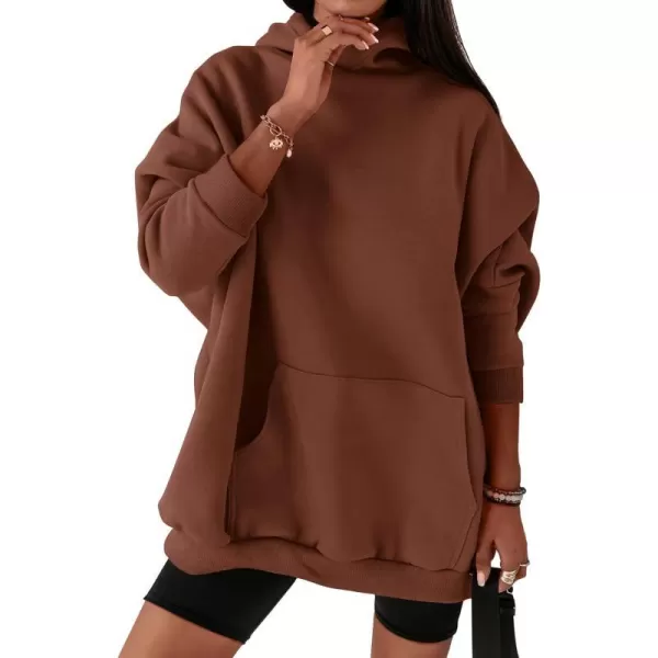 imageBTFBM Women Oversized Hoodies Pullover Fleece Hooded Sweatshirt Casual Long Sleeve Tops Sweater Fall Winter Fashion 2023Solid Dark Coffee
